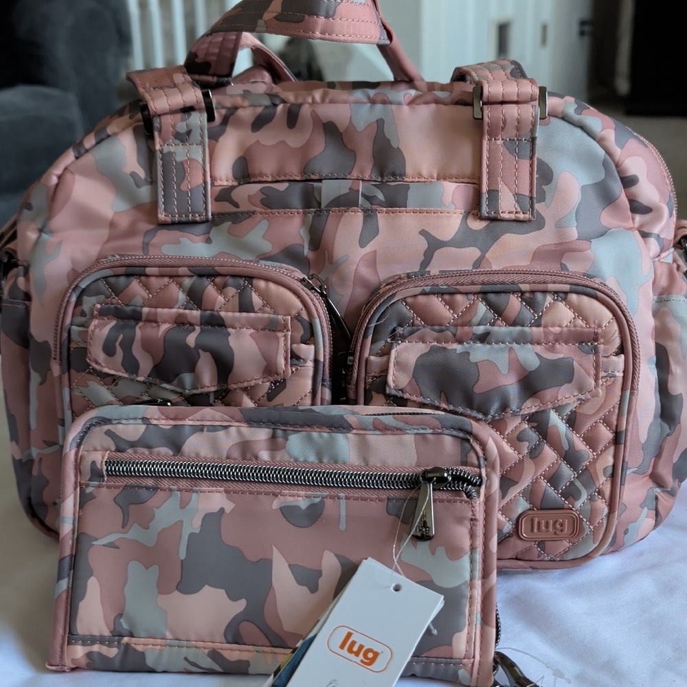 lug Pink and Gray Camo Quilted Travel Bag with Matching Pouch